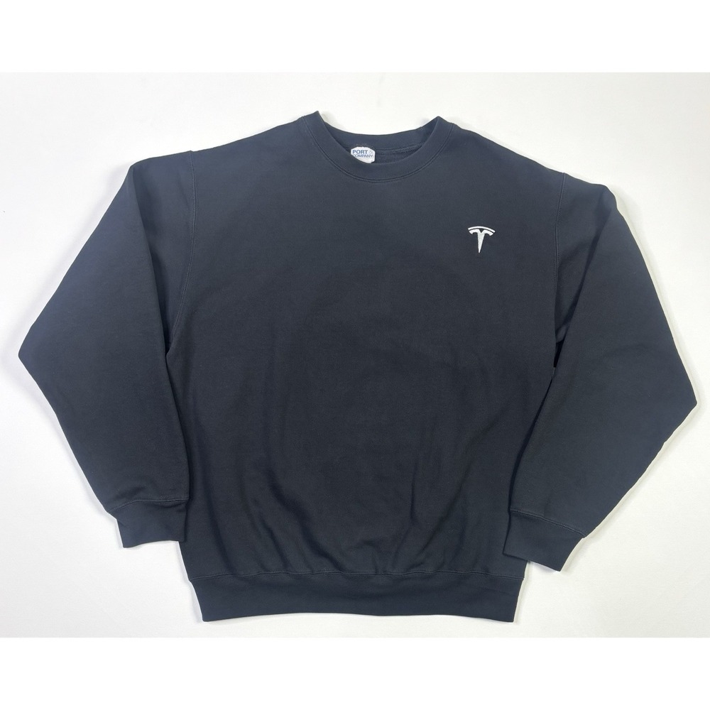 Tesla Sweatshirt Mens Large Black Port & Company Core Fleece Logo Pullover